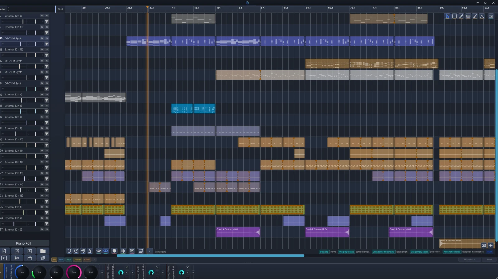 DonutStudio arranger showing a complete multitrack song with clips, patterns, and audio regions