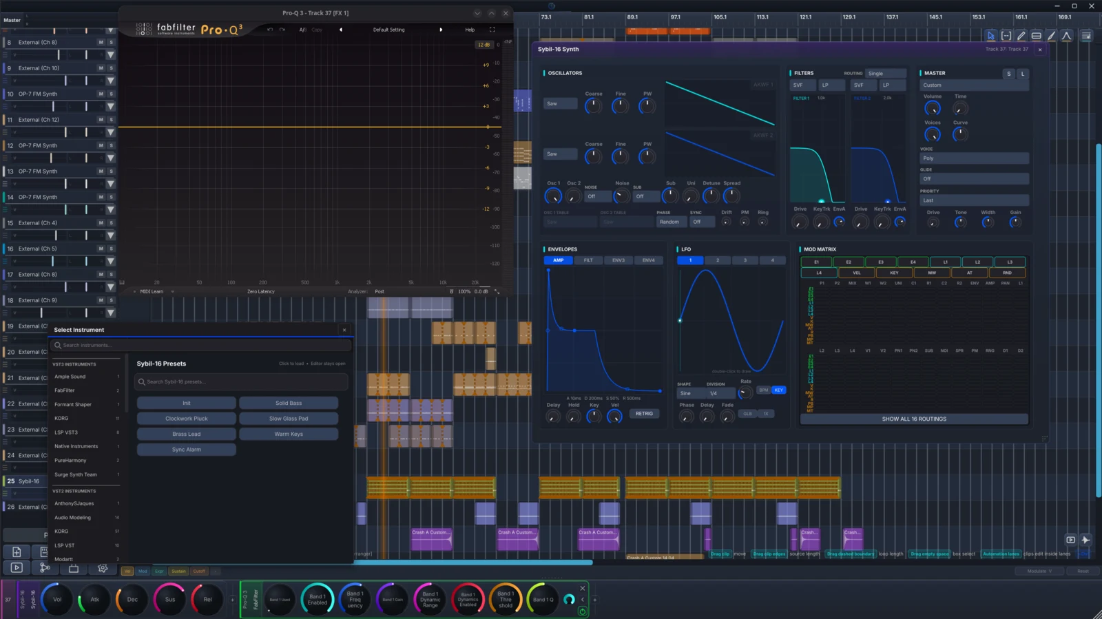 DonutStudio arrangement with the Sybil-16 synth, instrument browser, and a hosted FabFilter Pro-Q 3 VST3 effect open
