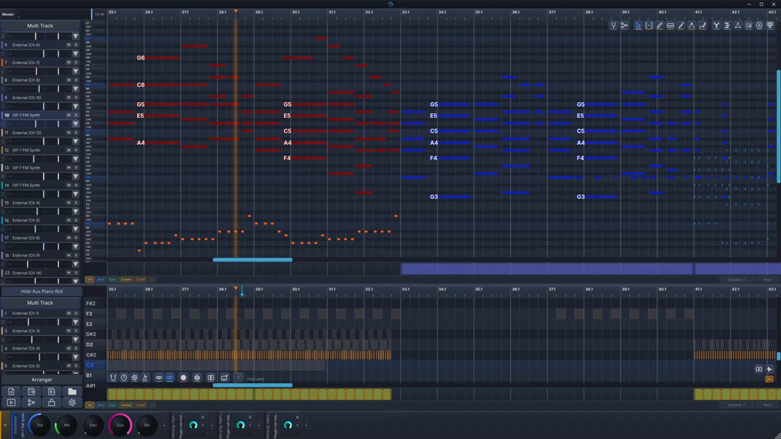 DonutStudio multitrack piano roll showing layered melodic, harmonic, and rhythmic parts