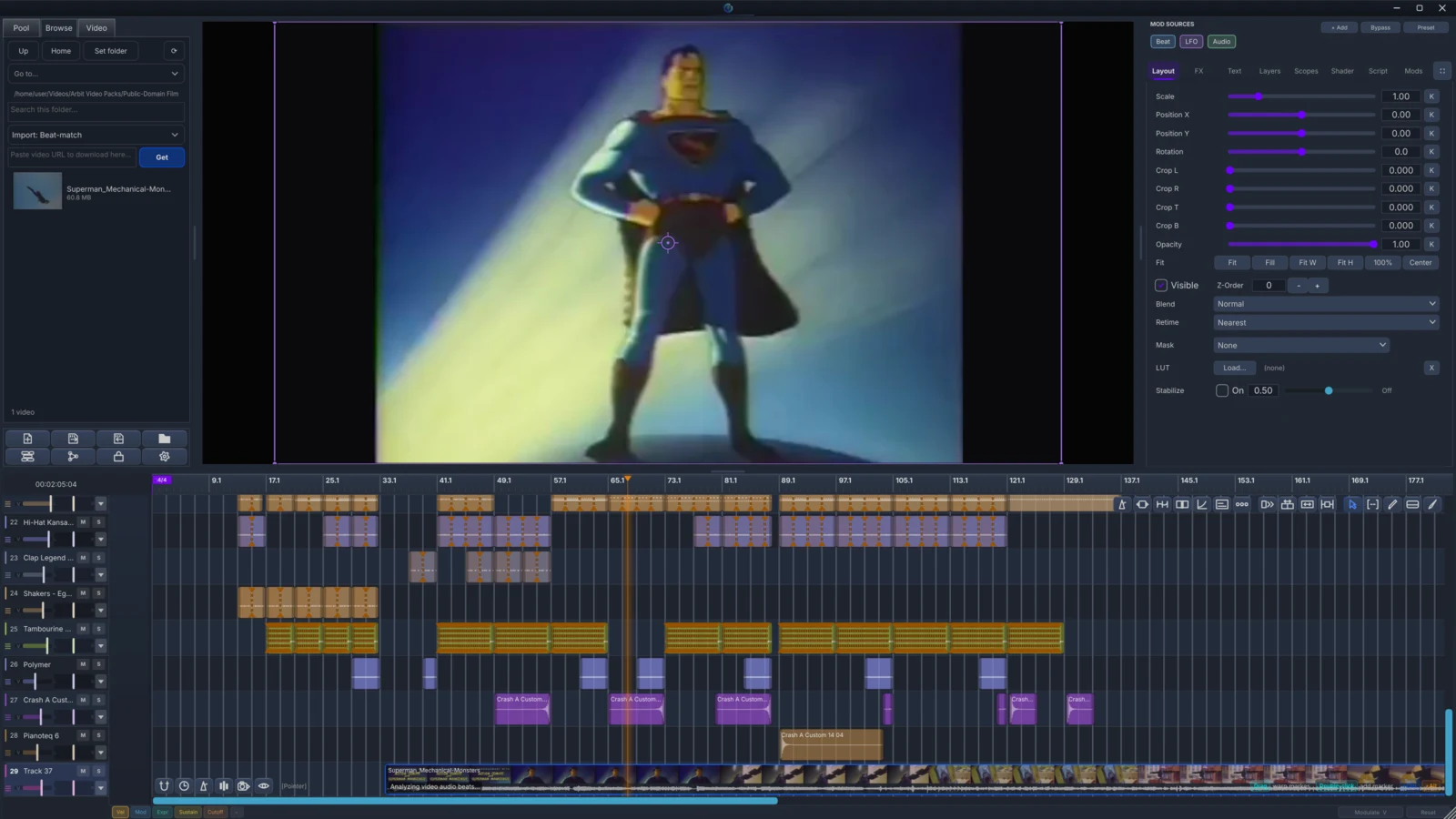 DonutStudio Video Editor showing a public-domain animated film, layout controls, and a beat-aligned multitrack timeline