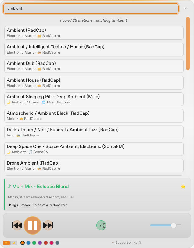 FreeRadio station search in light mode showing ambient results from several providers